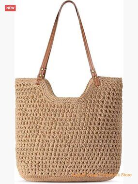 Woven Crochet Tote Bag with Brown Leather Handles - Natural